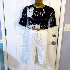 Black & White reversible moveable Sequins cropped top shirt blouse back zipper